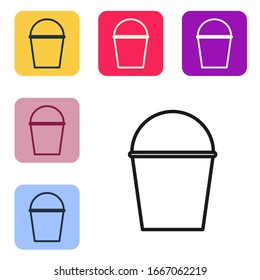 Black line Fire bucket icon isolated on white background. Metal bucket empty or with water for fire fighting. Set icons in color square buttons. Vector Illustration