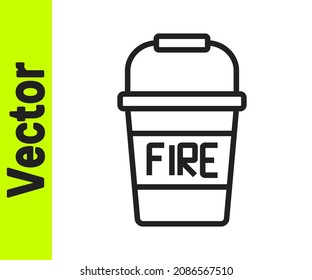 Schwarze Linie Feuerbucketsymbol einzeln auf weißem Hintergrund. Metalleimer leer oder mit Wasser für die Brandbekämpfung.  Vektorgrafik