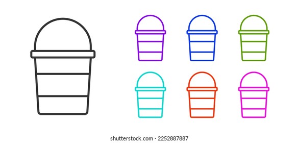 Black line Fire bucket icon isolated on white background. Metal bucket empty or with water for fire fighting. Set icons colorful. Vector