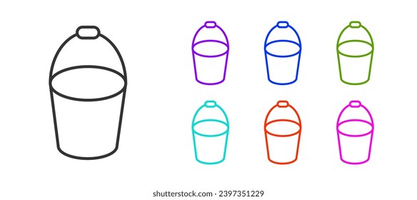 Schwarze Linie Feuerbucketsymbol einzeln auf weißem Hintergrund. Metalleimer leer oder mit Wasser für die Brandbekämpfung. Stellen Sie die Symbole bunt ein. Vektorgrafik