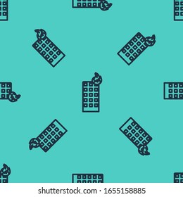 Black line Fire in burning building on city street icon isolated seamless pattern on green background.  Vector Illustration
