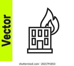 Línea negra de fuego en el edificio en llamas en el icono de la calle de la ciudad aislado en fondo blanco. La ciudad destruida en llamas.  Vector