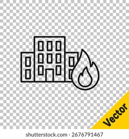 Schwarze Linie Feuer in brennenden Gebäuden auf der Stadtstraße Symbol einzeln auf transparentem Hintergrund. Zerstörte Stadt in Flammen.  Vektorgrafik