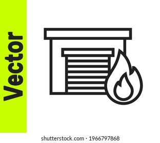 Black line Fire in burning garage icon isolated on white background.  Vector