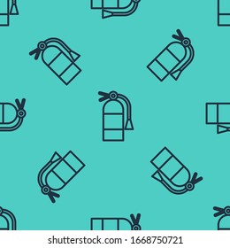 Black line Fire extinguisher icon isolated seamless pattern on green background.  Vector Illustration