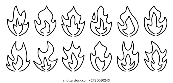Black line fire and flame icon set, monochrome outline vector signs. Simple bonfire cliparts in different shapes, minimalistic linear doodles, pictograms with editable stroke