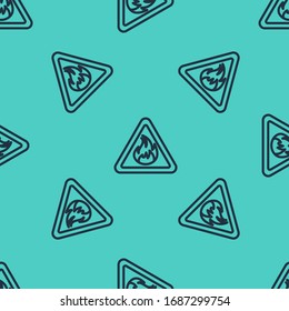 Black line Fire flame in triangle icon isolated seamless pattern on green background. Warning sign of flammable product.  Vector Illustration