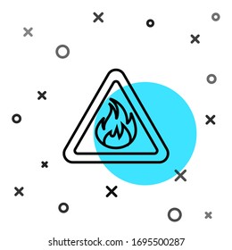 Black line Fire flame in triangle icon isolated on white background. Warning sign of flammable product. Random dynamic shapes. Vector Illustration