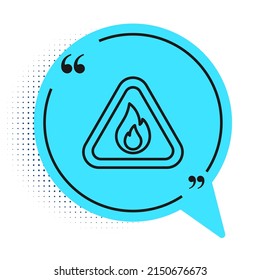 Línea negra Llama de fuego en icono triangular aislado en fondo blanco. Signo de advertencia del producto inflamable. Símbolo azul de burbuja de habla. Vector