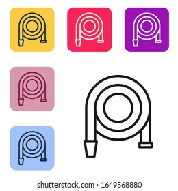 Black line Fire hose reel icon isolated on white background. Set icons in color square buttons. Vector Illustration