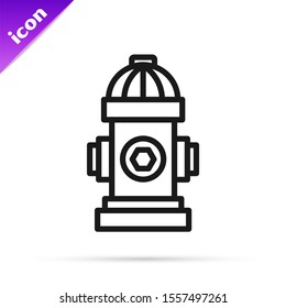 Black line Fire hydrant icon isolated on white background.  Vector Illustration