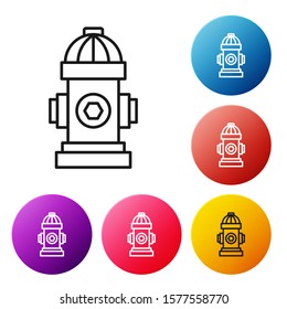 Black line Fire hydrant icon isolated on white background. Set icons colorful circle buttons. Vector Illustration