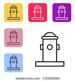 Black line Fire hydrant icon isolated on white background. Set icons in color square buttons. Vector Illustration