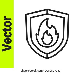 Schwarze Linie Brandschutzschild Symbol einzeln auf weißem Hintergrund. Versicherungskonzept. Sicherheit, Sicherheit, Schutz, Schutzkonzept.  Vektorgrafik