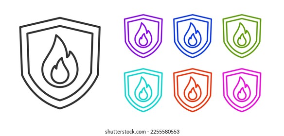 Black line Fire protection shield icon isolated on white background. Insurance concept. Security, safety, protection, protect concept. Set icons colorful. Vector