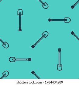 Black line Fire shovel icon isolated seamless pattern on green background. Fire protection equipment. Equipment for firefighter.  Vector Illustration