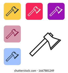 Black line Firefighter axe icon isolated on white background. Fire axe. Set icons in color square buttons. Vector Illustration