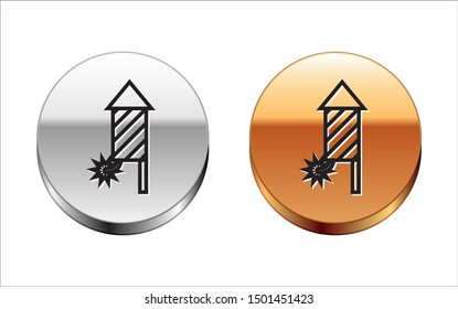 Black line Firework rocket icon isolated on white background. Concept of fun party. Explosive pyrotechnic symbol. Silver-gold circle button. Vector Illustration