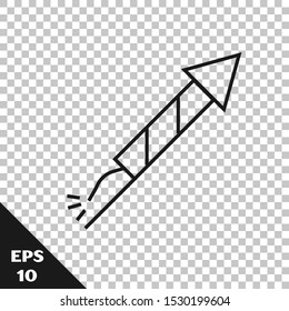 Black line Firework rocket icon isolated on transparent background. Concept of fun party. Explosive pyrotechnic symbol.  Vector Illustration