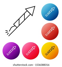 Black line Firework rocket icon isolated on white background. Concept of fun party. Explosive pyrotechnic symbol. Set icons colorful circle buttons. Vector Illustration