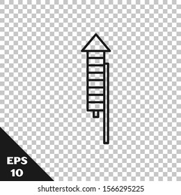 Black line Firework rocket icon isolated on transparent background. Concept of fun party. Explosive pyrotechnic symbol.  Vector Illustration