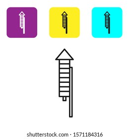 Black line Firework rocket icon isolated on white background. Concept of fun party. Explosive pyrotechnic symbol. Set icons colorful square buttons. Vector Illustration