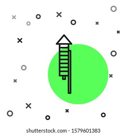 Black line Firework rocket icon isolated on white background. Concept of fun party. Explosive pyrotechnic symbol.  Vector Illustration