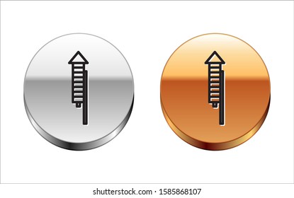 Black line Firework rocket icon isolated on white background. Concept of fun party. Explosive pyrotechnic symbol. Silver-gold circle button. Vector Illustration