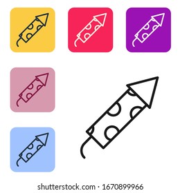 Black line Firework rocket icon isolated on white background. Concept of fun party. Explosive pyrotechnic symbol. Set icons in color square buttons. Vector Illustration