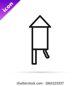 Black line Firework rocket icon isolated on white background. Concept of fun party. Explosive pyrotechnic symbol.  Vector