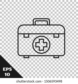Black line First aid kit icon isolated on transparent background. Medical box with cross. Medical equipment for emergency. Healthcare concept.  Vector Illustration