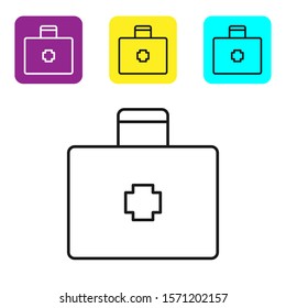 Black line First aid kit icon isolated on white background. Medical box with cross. Medical equipment for emergency. Healthcare concept. Set icons colorful square buttons. Vector Illustration