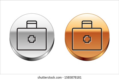 Black line First aid kit icon isolated on white background. Medical box with cross. Medical equipment for emergency. Healthcare concept. Silver-gold circle button. Vector Illustration