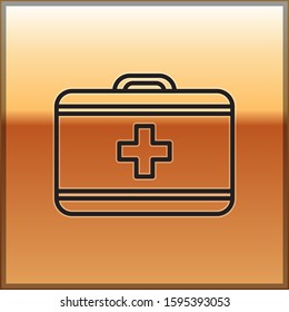 Black line First aid kit icon isolated on gold background. Medical box with cross. Medical equipment for emergency. Healthcare concept.  Vector Illustration