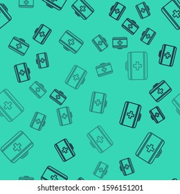 Black line First aid kit icon isolated seamless pattern on green background. Medical box with cross. Medical equipment for emergency. Healthcare concept.  Vector Illustration