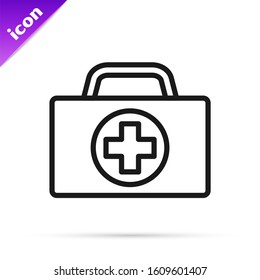 Black line First aid kit icon isolated on white background. Medical box with cross. Medical equipment for emergency. Healthcare concept.  Vector Illustration