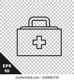 Black line First aid kit icon isolated on transparent background. Medical box with cross. Medical equipment for emergency. Healthcare concept.  Vector Illustration