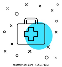 Black line First aid kit icon isolated on white background. Medical box with cross. Medical equipment for emergency. Healthcare concept. Random dynamic shapes. Vector Illustration