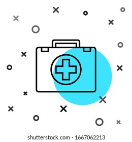 Icono del kit de primeros auxilios de línea negra aislado en fondo blanco. Caja médica con cruz. Equipo médico de emergencia. Concepto de salud. Formas dinámicas aleatorias. Ilustración vectorial
