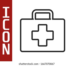 Black line First aid kit icon isolated on white background. Medical box with cross. Medical equipment for emergency. Healthcare concept.  Vector Illustration
