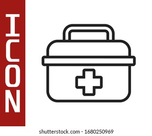 Icono del kit de primeros auxilios de línea negra aislado en fondo blanco. Caja médica con cruz. Equipo médico de emergencia. Concepto de salud. Ilustración vectorial