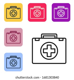 Black line First aid kit icon isolated on white background. Medical box with cross. Medical equipment for emergency. Healthcare concept. Set icons in color square buttons. Vector Illustration