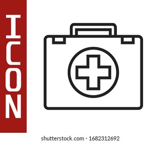 Black line First aid kit icon isolated on white background. Medical box with cross. Medical equipment for emergency. Healthcare concept.  Vector Illustration