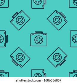 Black line First aid kit icon isolated seamless pattern on green background. Medical box with cross. Medical equipment for emergency. Healthcare concept.  Vector Illustration