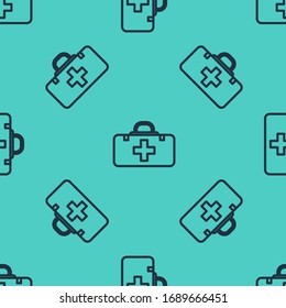 Línea negra Icono del kit de primeros auxilios aislado sin fisuras en fondo verde. Caja médica con cruz. Equipo médico de emergencia. Concepto de salud. Ilustración vectorial