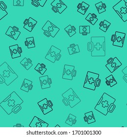 Línea negra Icono del kit de primeros auxilios aislado sin fisuras en fondo verde. Caja médica con cruz. Equipo médico de emergencia. Concepto de salud. Ilustración vectorial