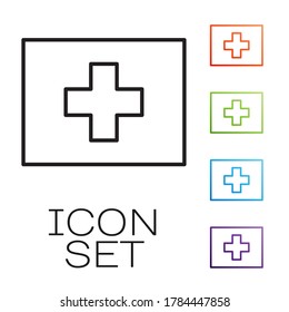 Black line First aid kit icon isolated on white background. Medical box with cross. Medical equipment for emergency. Healthcare concept. Set icons colorful. Vector Illustration