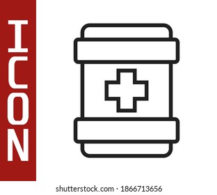 Schwarze Linie Erste Hilfe Kit Symbol einzeln auf weißem Hintergrund. Medizinische Box mit Kreuz. Medizinische Ausrüstung für Notfälle. Konzept der Gesundheitsversorgung.  Vektorgrafik