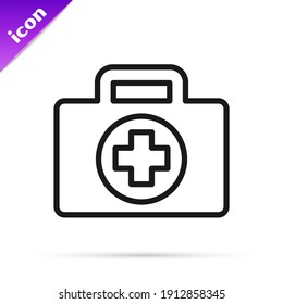 Schwarze Linie Erste Hilfe Kit Symbol einzeln auf weißem Hintergrund. Medizinische Box mit Kreuz. Medizinische Ausrüstung für Notfälle. Konzept der Gesundheitsversorgung.  Vektorgrafik