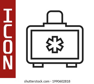 Icono del kit de primeros auxilios de línea negra aislado en fondo blanco. Caja médica con cruz. Equipo médico de emergencia. Concepto de salud.  Vector